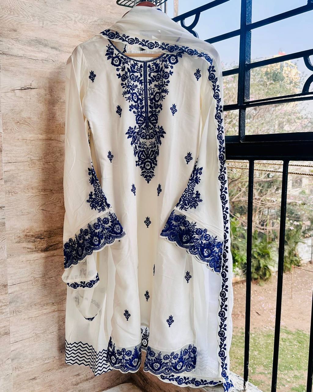 Premium White A-Line Kurti with Royal Blue Thread Work