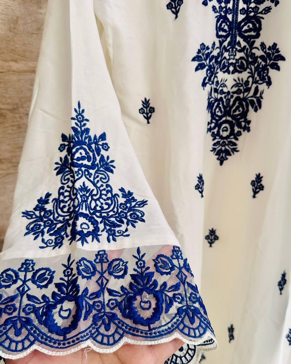 Premium White A-Line Kurti with Royal Blue Thread Work