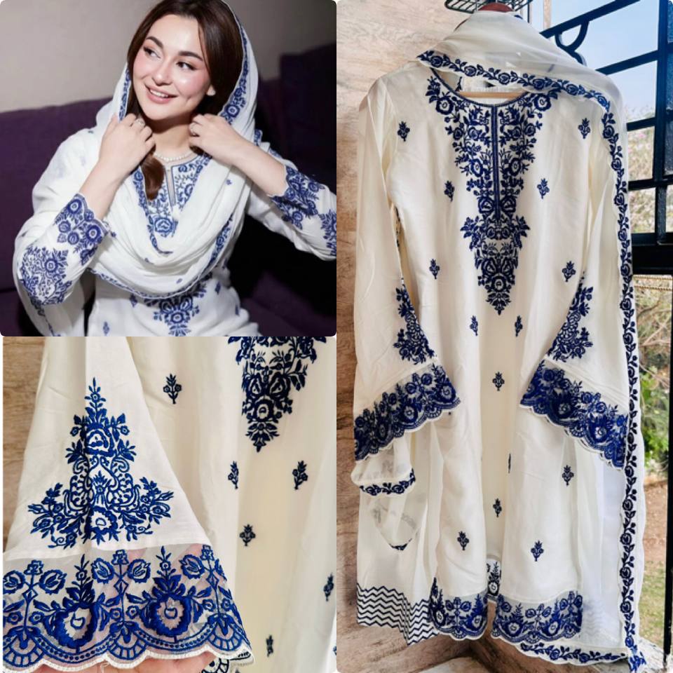 Premium White A-Line Kurti with Royal Blue Thread Work